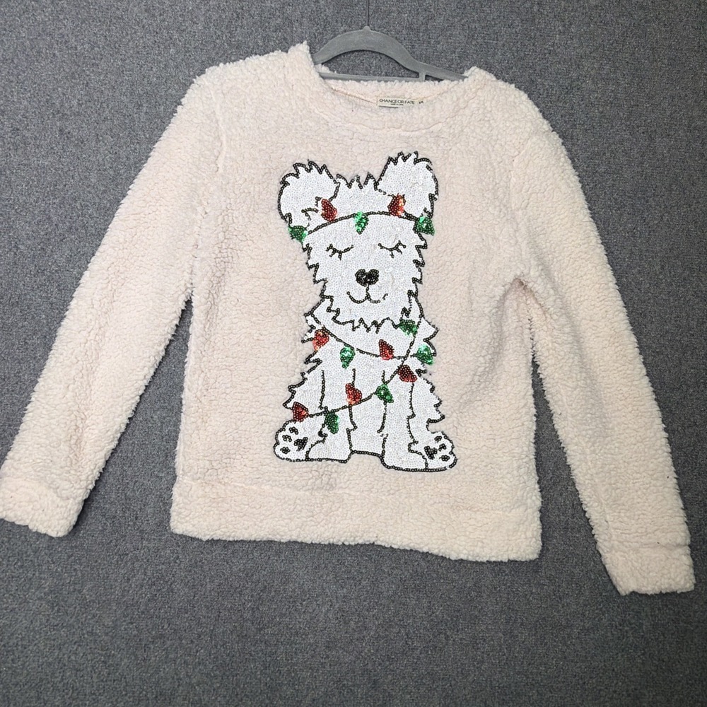 Chance Or Fate Christmas Sweater Women S Light Pink Sequin Dog Festive